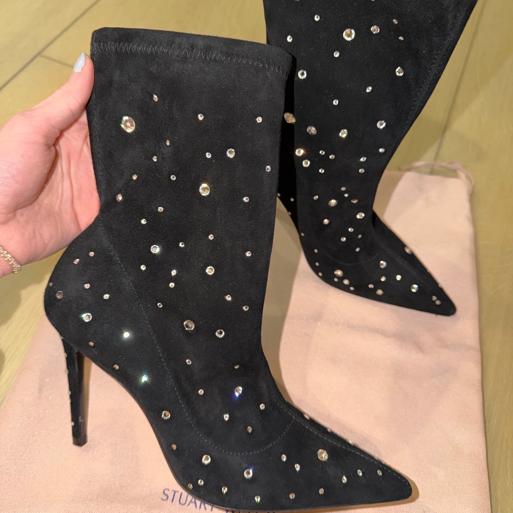 Stuart Weitzman Black Crystal Embellished Heeled Boots - Picture 4 of 4
